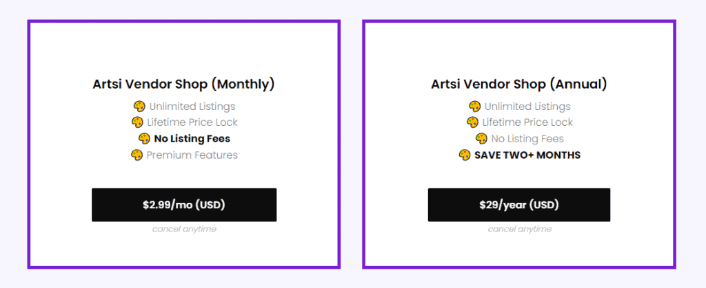 Artsi Vendor Shop Pricing
