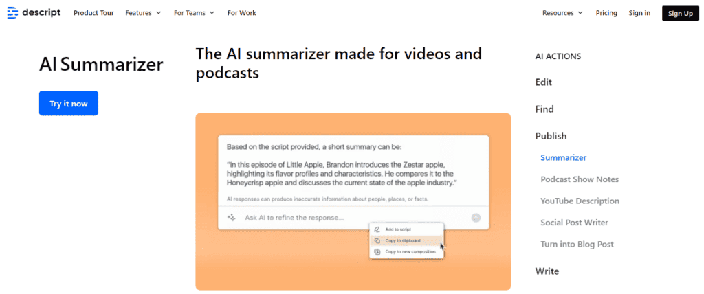 Descript's AI Summarizer