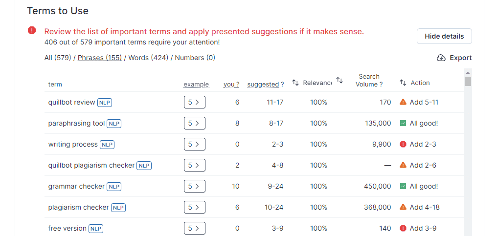 Surfer SEO Audit - Terms to use