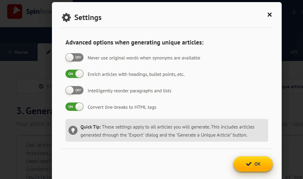 Spin Rewriter Settings