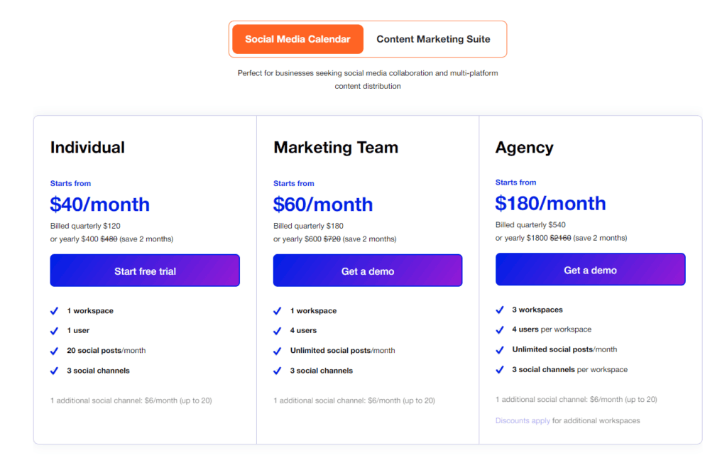 StoryChief Pricing (Social Media Calendar)
