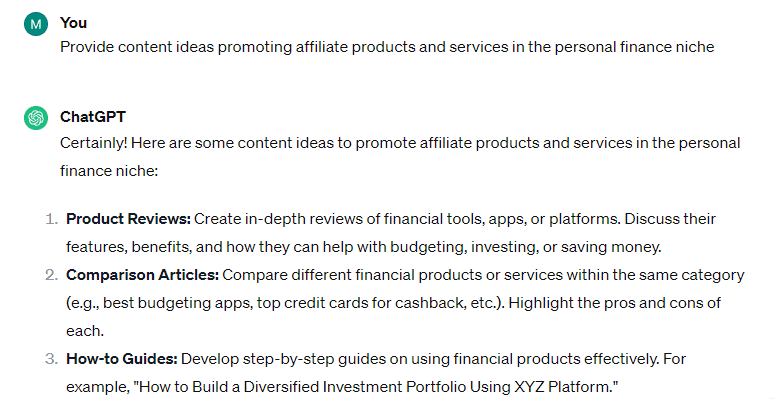 ChatGPT Content Ideas - Personal Finance Affiliate Niche