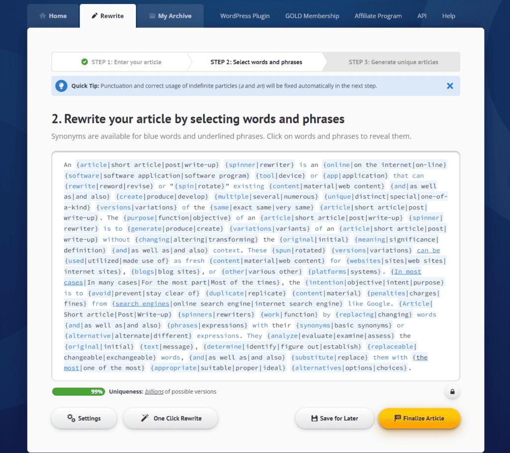 Rewriting Single Article on Spin Rewriter - Step 2