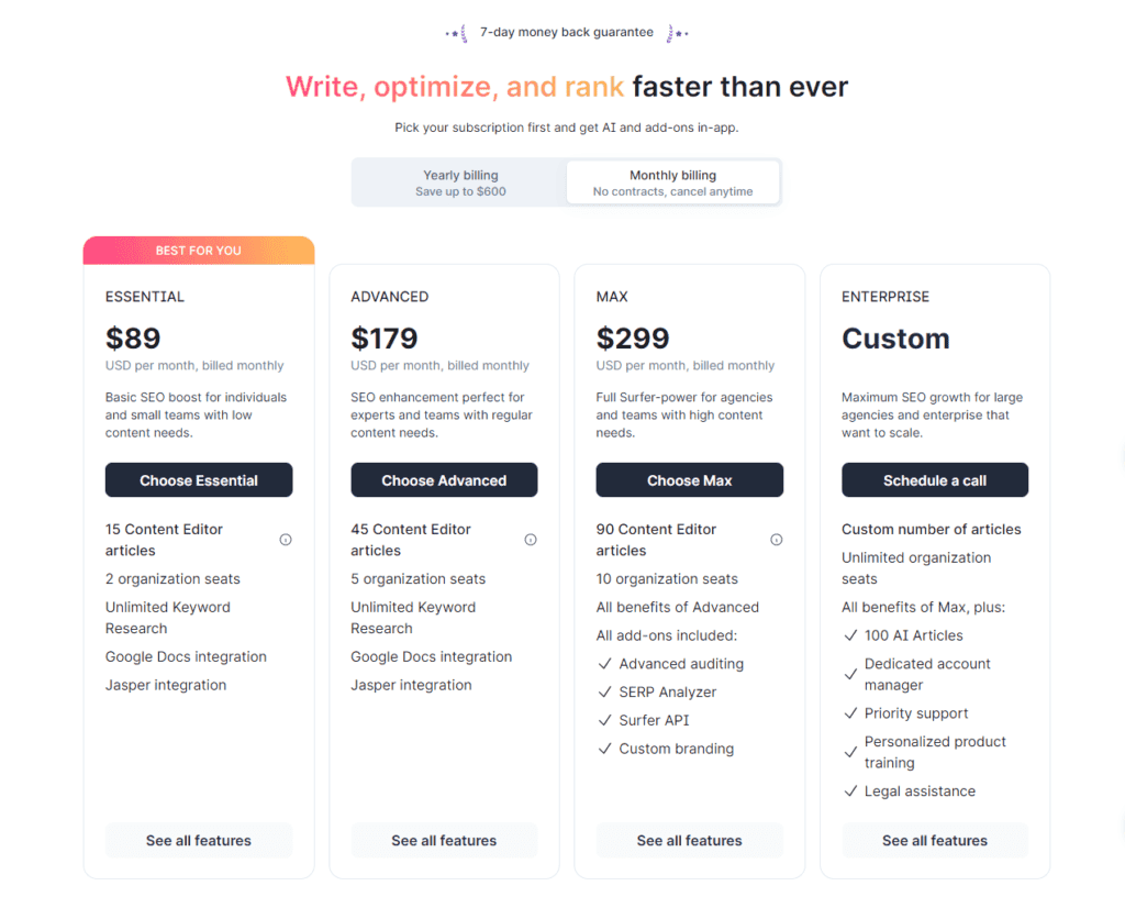 Surfer SEO Subscription Plans