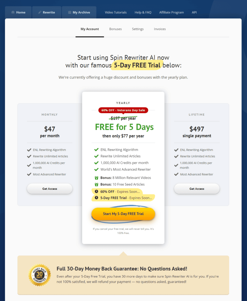 Spin Rewriter Free Trial on Yearly Plan