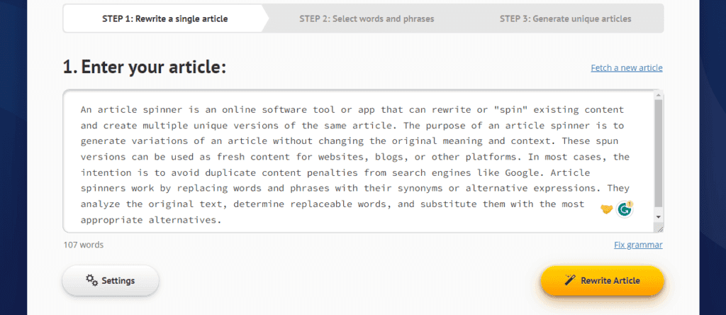 Rewriting Single Article on Spin Rewriter