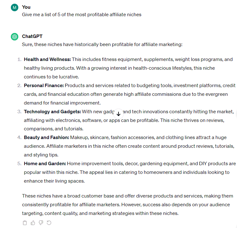 ChatGPT Affiliate Niche Research