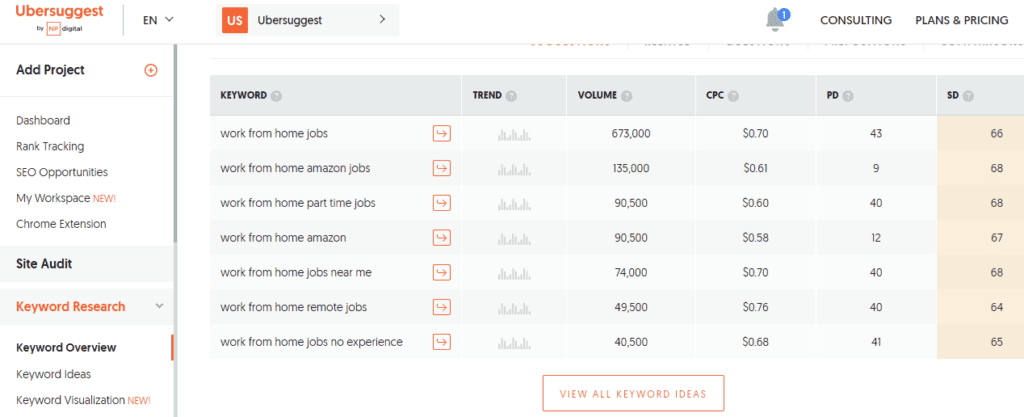 Ubersuggest Keyword Ideas - work from home