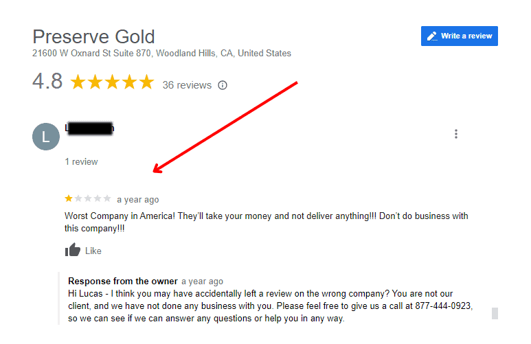 Preserve Gold Google Review