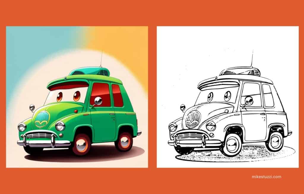 AI Art of a Cartoonish Car vs the Pencil Sketched Version