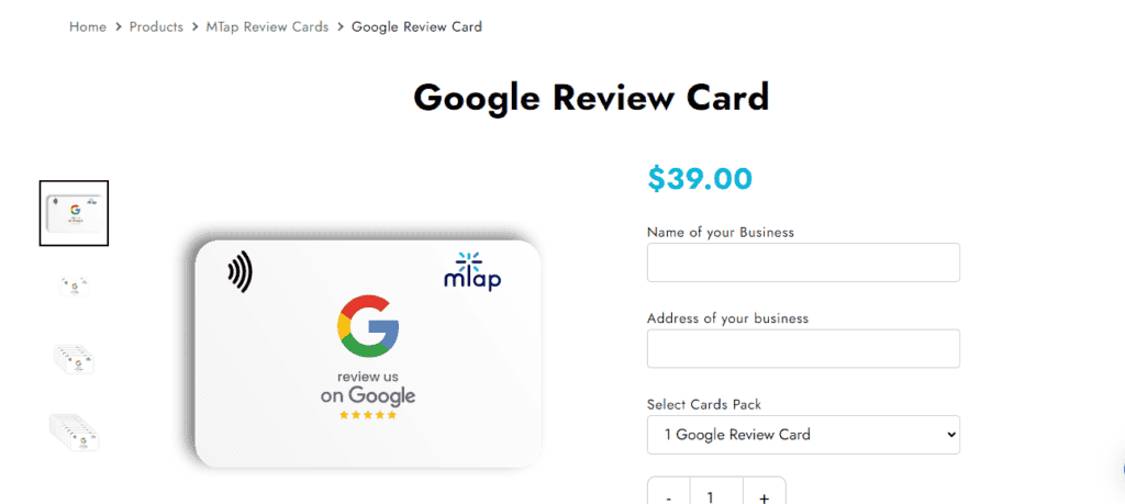mTap Google Review Card Pricing