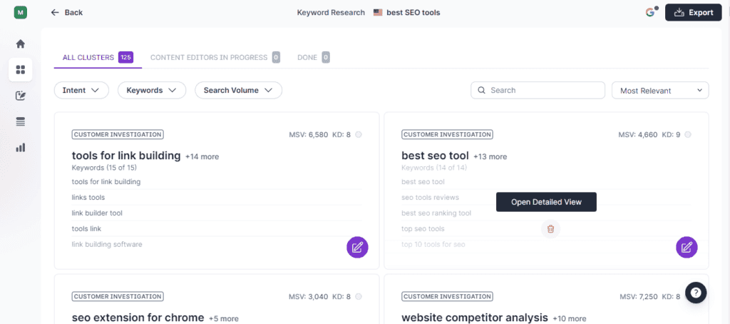 Surfer SEO Keyword Research - best SEO tools - cluster results
