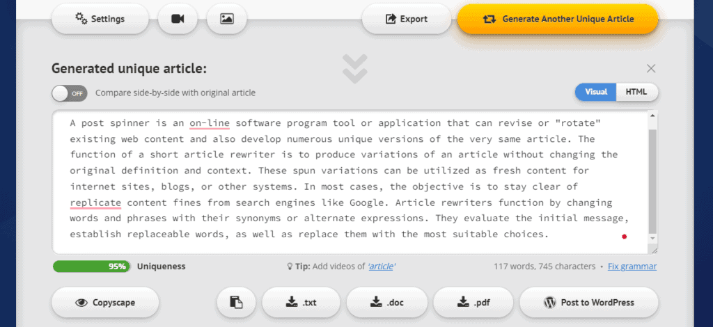 Spin Rewriter Output for Rewriting Single Article