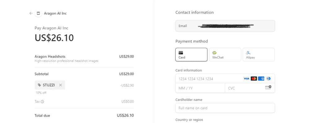 Aragon AI Stripe Checkout - Promo Code Applied