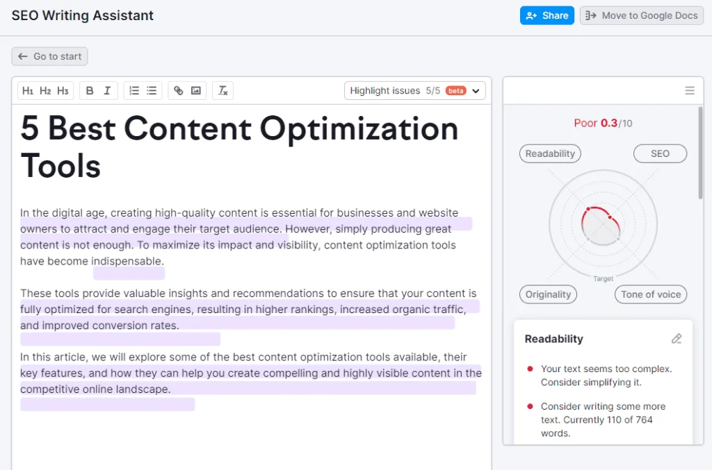 Semrush SEO Writing Assistant - Results