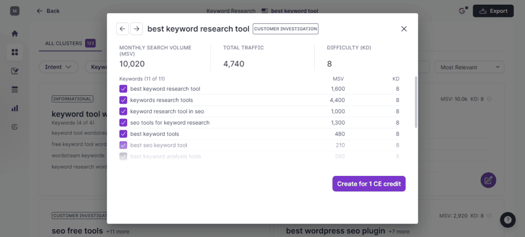 Surfer SEO Keyword Research - Cluster