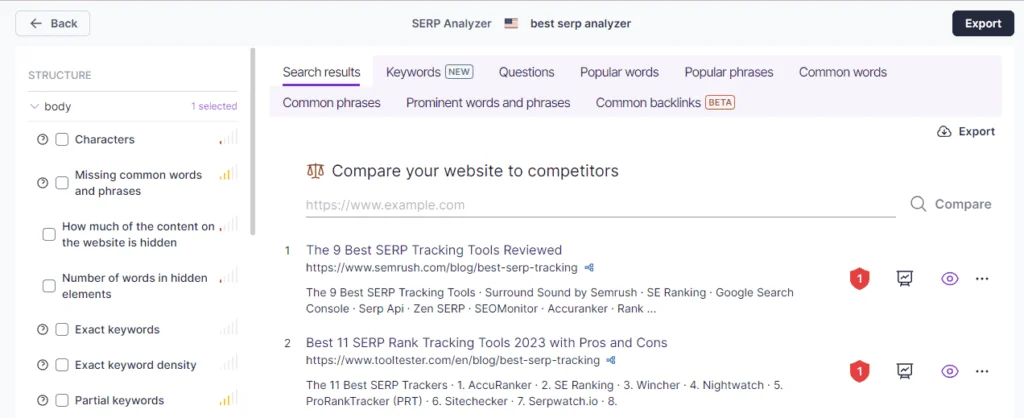 Surfer SEO SERP Analyzer - best SEPR analyzer results