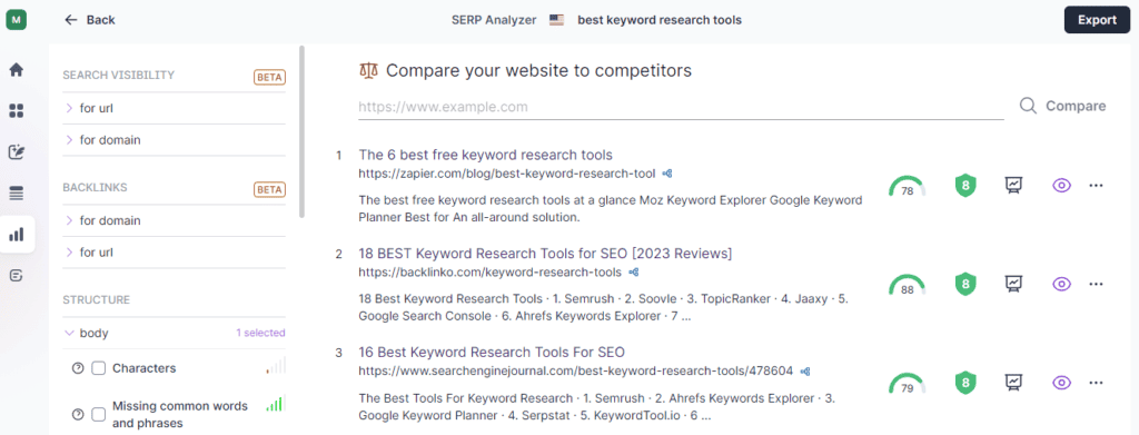 Surfer SEO SERP Analyzer - compare websites