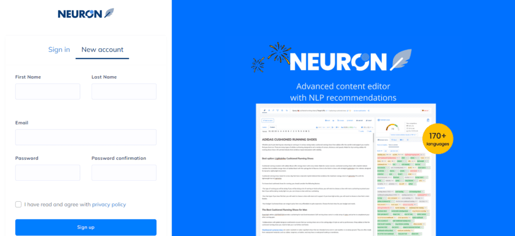 NeuronWriter Registreren Nieuw account