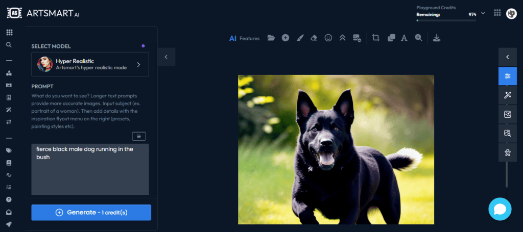 Cão macho preto feroz correndo no mato - ArtSmart AI