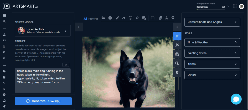 Cão macho preto feroz correndo no mato com configurações de câmera e estilo - ArtSmart AI