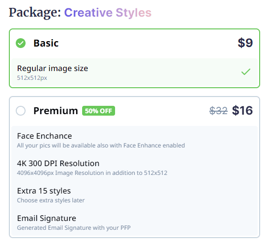 PFPMaker Creative Package Pricing
