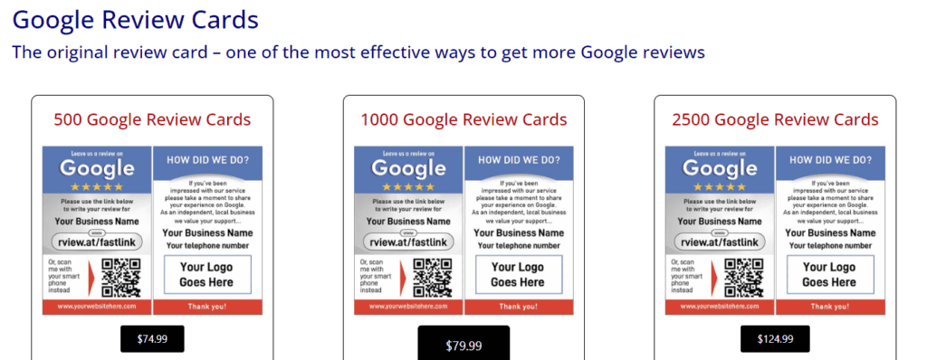 Review.Cards Tarifs des cartes d'évaluation Google