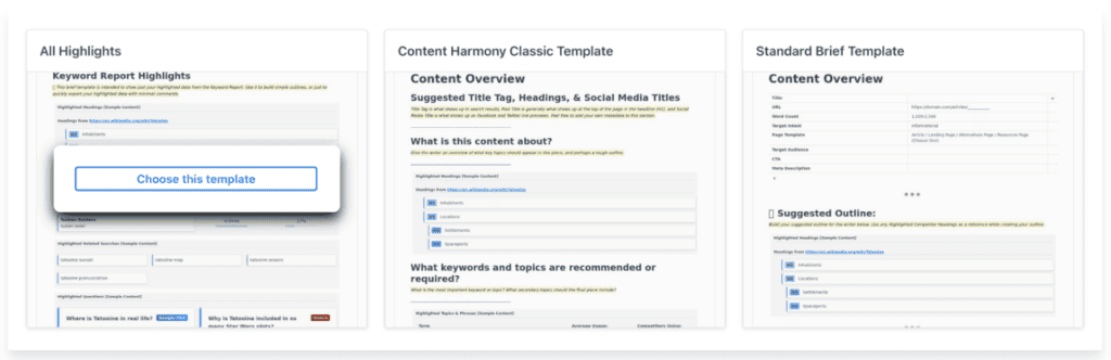 Plantillas de resúmenes de contenido de Content Harmony